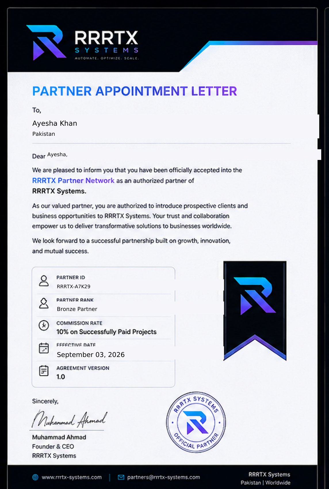 Sample RRRTX Partner Appointment Letter